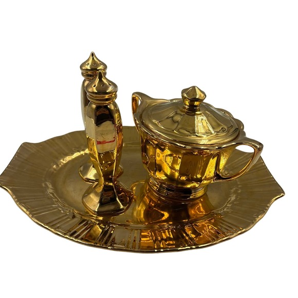 Vintage 22 Karat Gold Serving Tray Lid Dish Salt Pepper Shakers GLAM MidCentury - Picture 6 of 14